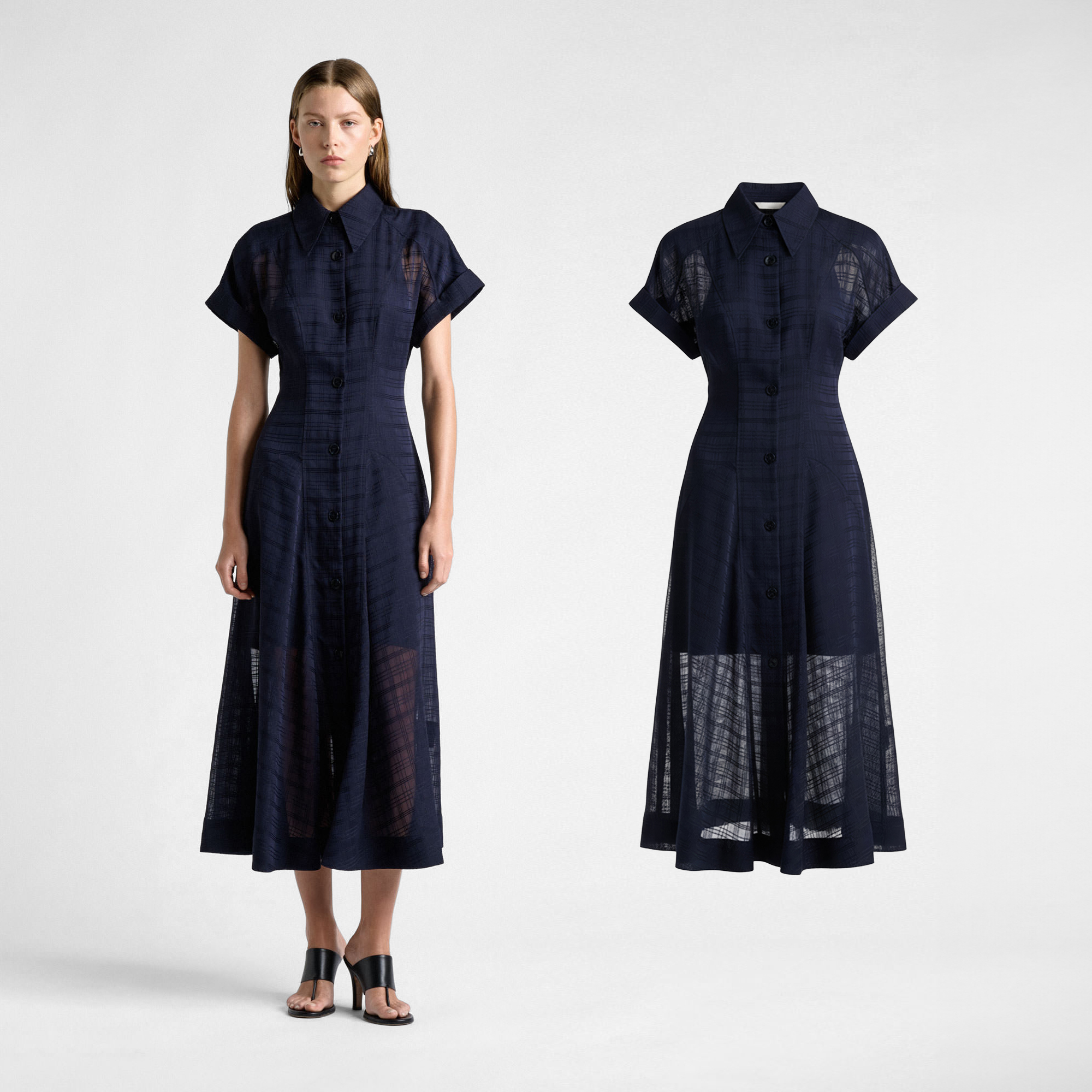 Comparison showing a Veronika Maine dress photographed on model alongside the ghost mannequin version