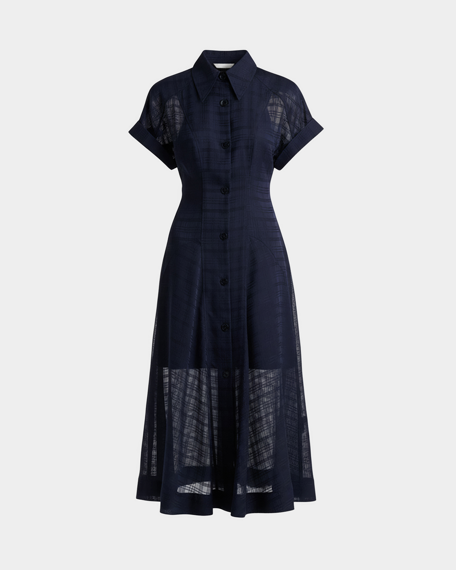 Front view of a Veronika Maine navy dress created using ghost mannequin photography