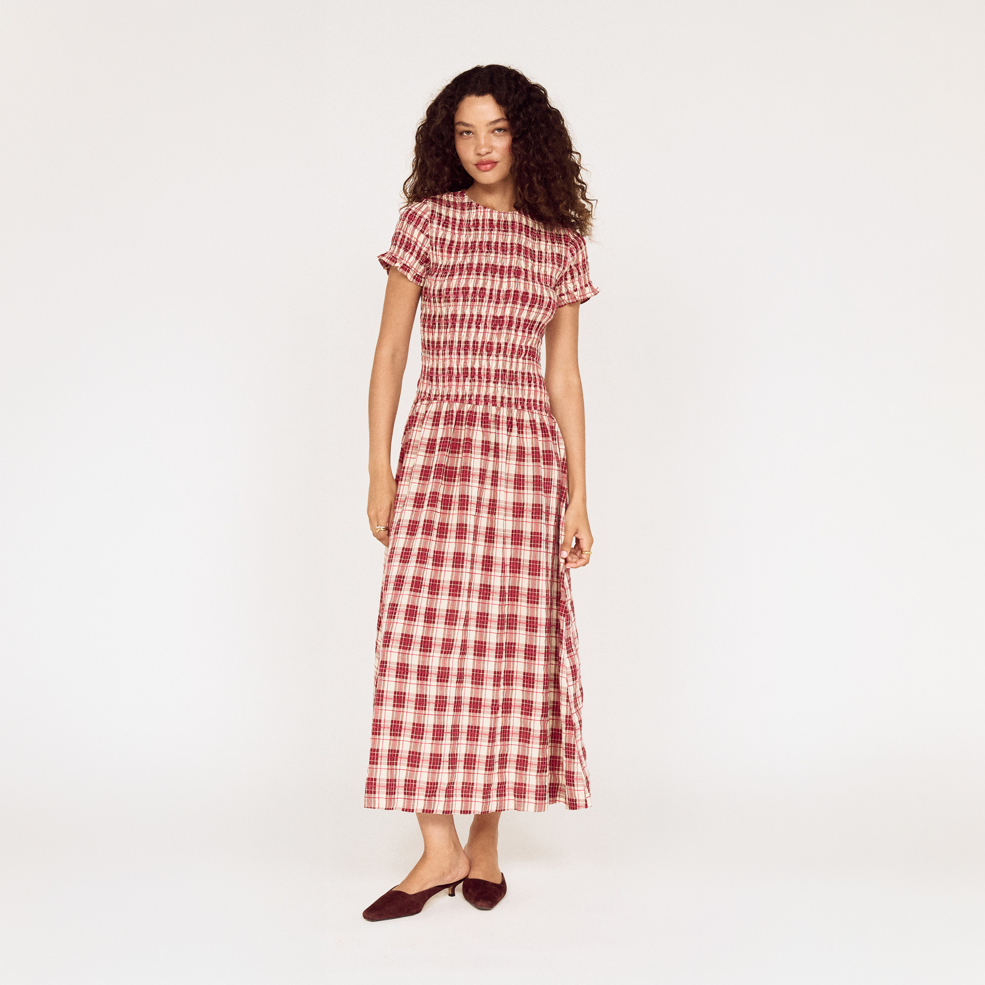 Front view of a model wearing a MINKPINK red check midi dress photographed for fashion e-commerce by Shoot.Studio in Sydney.