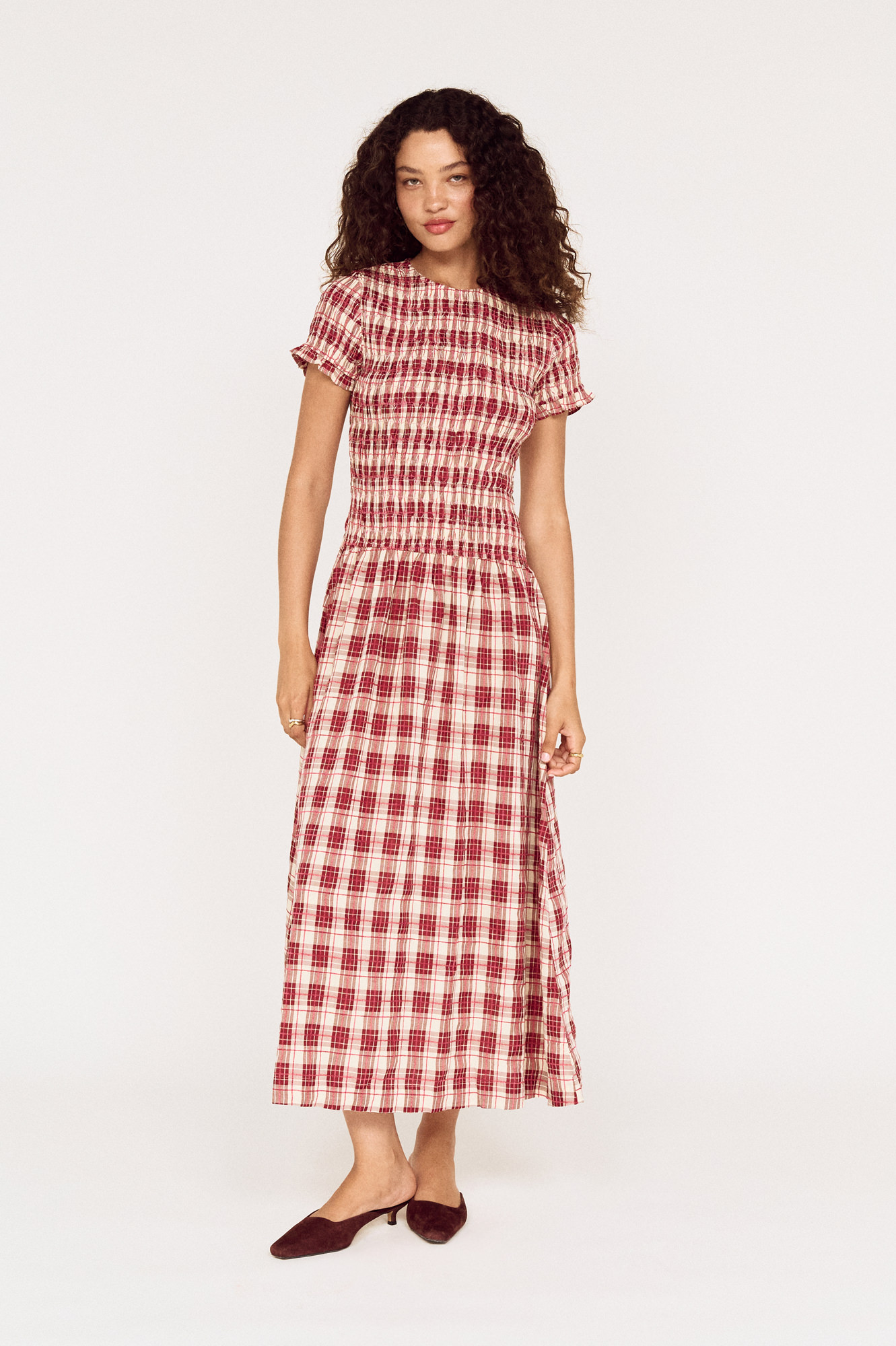 Front view of a model wearing a MINKPINK red check midi dress photographed for fashion e-commerce by Shoot.Studio in Sydney.