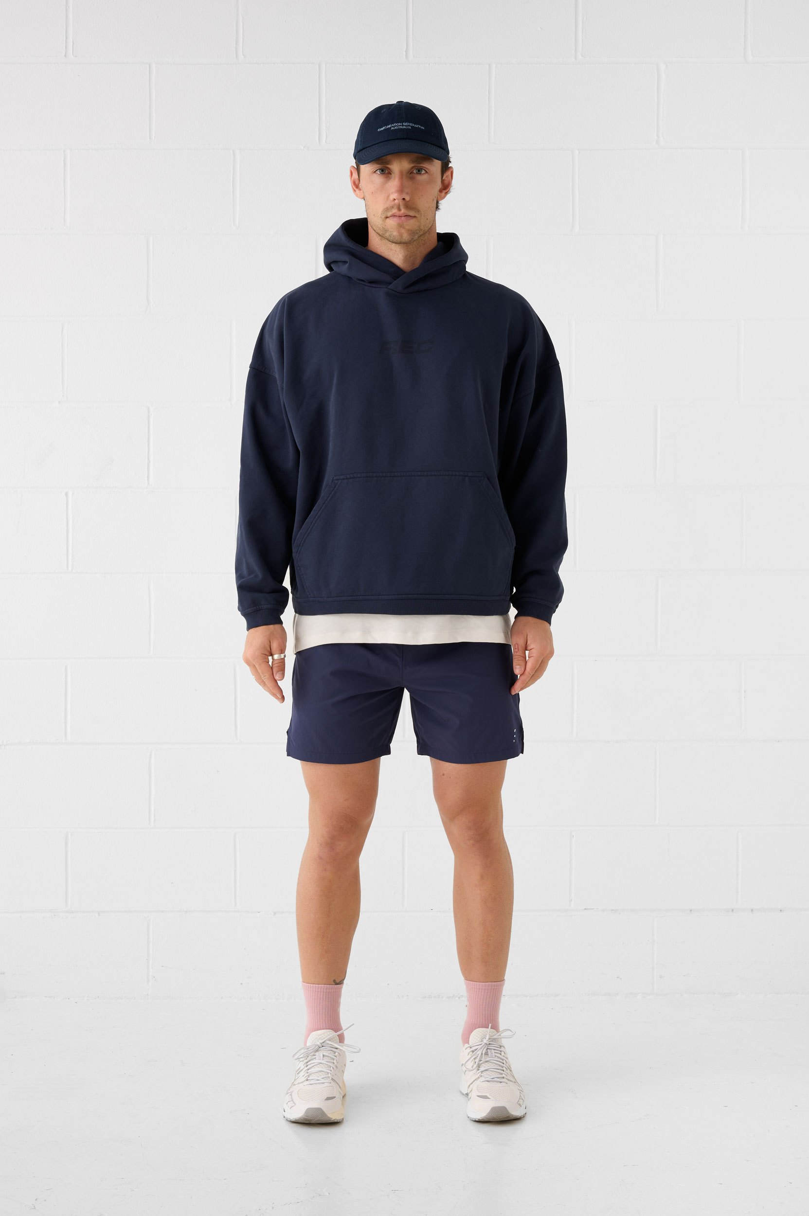 REC GEN men's navy hoodie and shorts, full-length front view