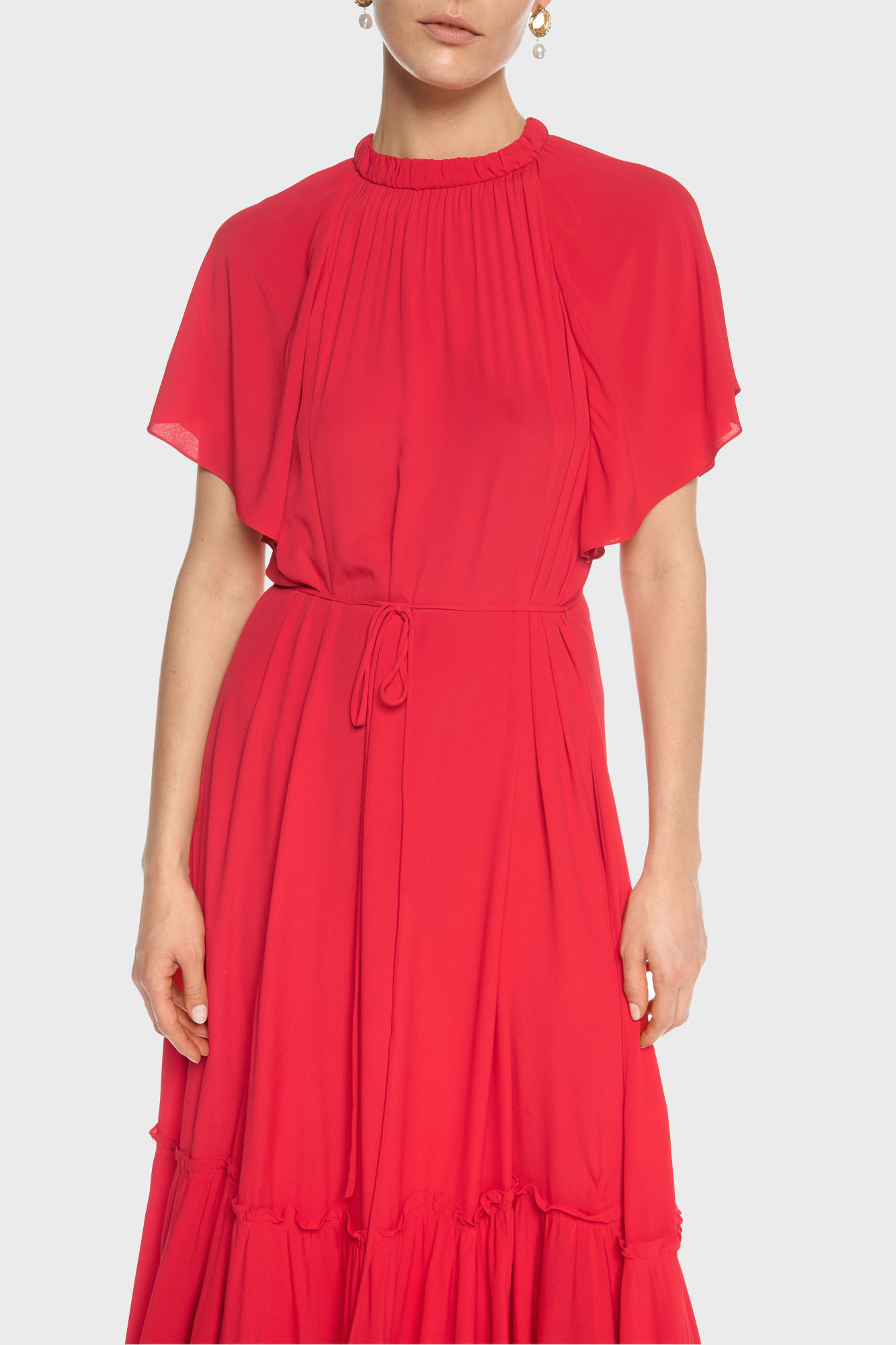 veronika-maine-fashion-ecommerce-red-dress-gathered-neck-waist-tie-detail